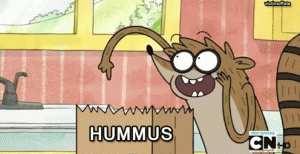 rigby pointing to hummus in a grocery bag