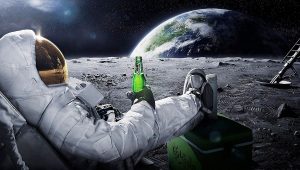 an astronaut kicking back and enjoying a beer on the moon