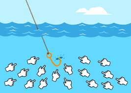 a representation of click bait with a baited fish hook and several fingers waiting to click on it--vocabulario en inglés