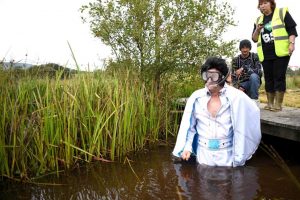 an elvis impersonator prepares to go snorkeling in a bog