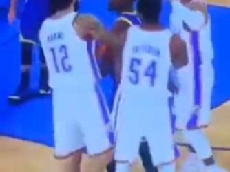 steven adams roughhousing with former teammate kevin durant