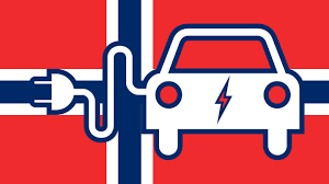 a car charging up over the background of the norway flag
