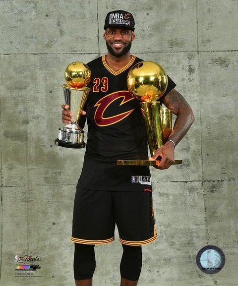 lebron with the 2016 nba finals championship & mvp trophies