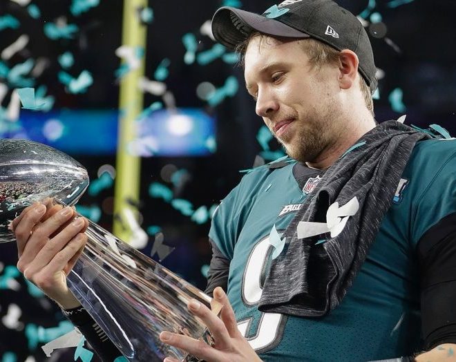 nick foles with the lombardi trophy after winning super bowl lii