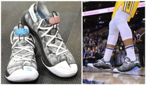 two photos of steph curry's moon landing shoas--one is a product shot the other is the shoes being worn by curry vocabulario en inglés
