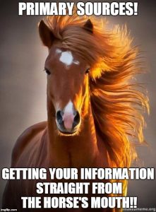 meme of a horse. text reads: primary sources. getting your information straight from the horse's mouth