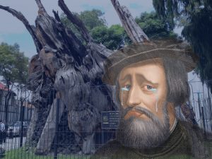 an image of cortés crying superimposed over the noche triste tree 