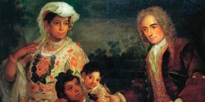 painting of spanish man, ingeigenous woman and their kids who are mestizos