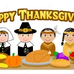 animated pilgrims and native americans sharing a thanksgiving dinner--vocabulario en inglés