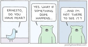 a comic of a seagull talking to a bear about fears--vocabulario en inglés